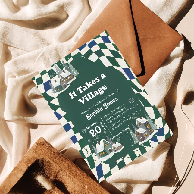 Winter Checkered "It Takes a Village" baby shower Einladung (Von Creator hochgeladen)