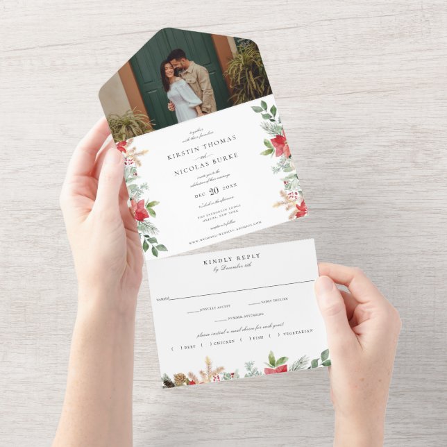 Winter Chic Botanical Floral Green Wedding All In One Einladung (Abreißen)