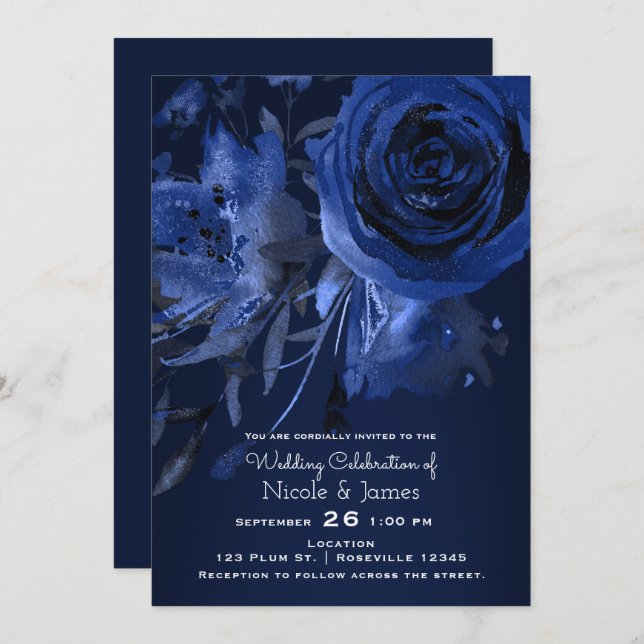 Winter Chic Floral Blue Rose Bold Wedding Einladung (Vorne/Hinten)