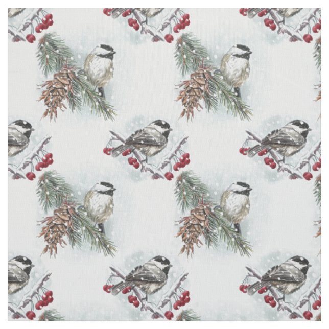 Winter Chickadeas Watercolor Weihnachten Stoff (Muster)