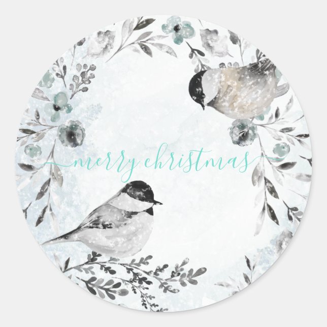Winter ChickadeBirds Dusty Blue Wreath Weihnachten Runder Aufkleber (Vorderseite)
