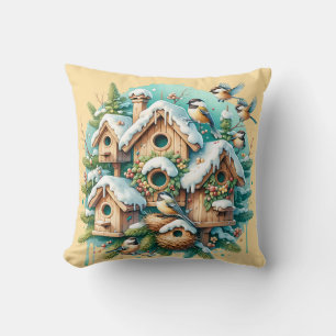Winter Chickadee Birdhouse Village Kissen