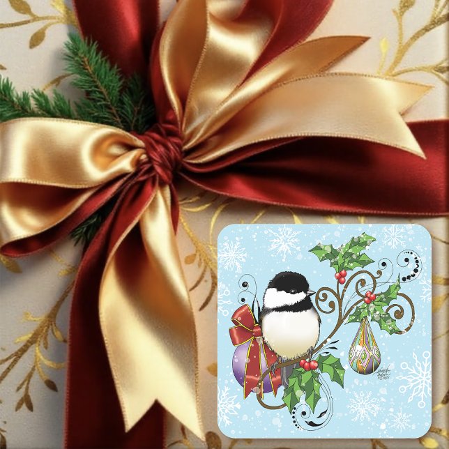 Winter Chickadee Weihnachten Quadratischer Aufkleber (Von Creator hochgeladen)