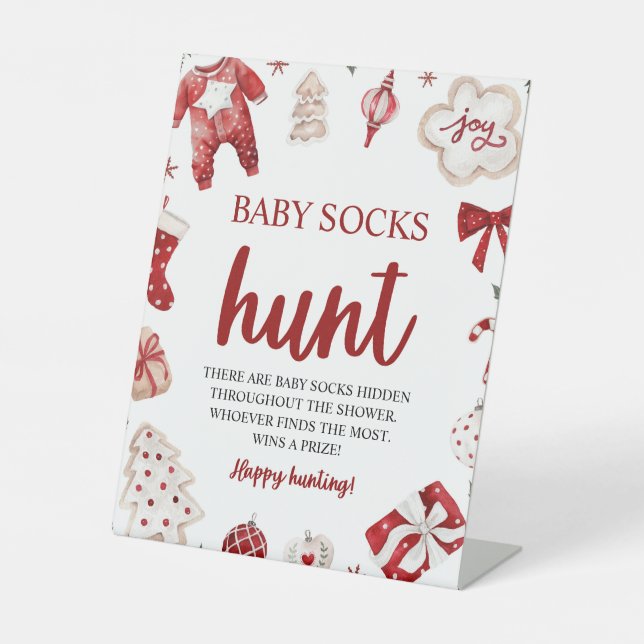 Winter Christmas Baby Sock Hunt Baby Showspiel Sockelschild (Vorderseite)