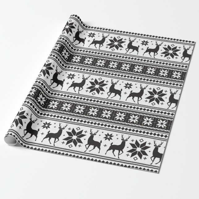 Winter Christmas Deer Black Snowflake Pattern Geschenkpapier (Ungerollt)
