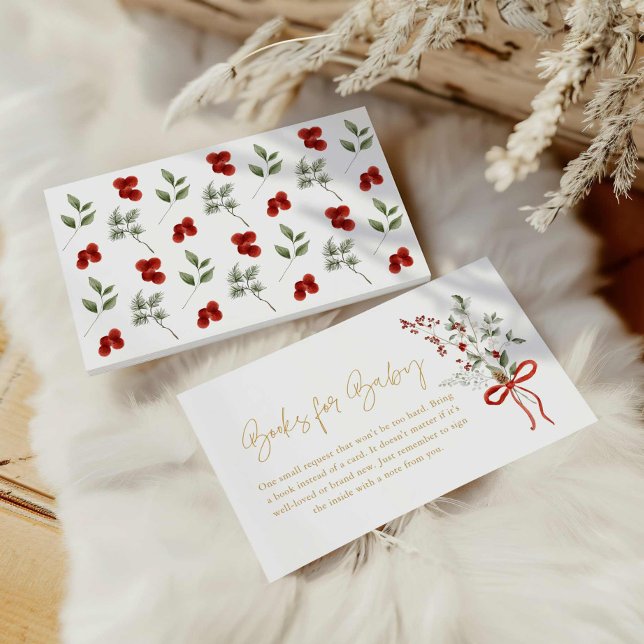 Winter Christmas Girl Baby Shower Books for Baby Begleitkarte (Winter Greenery and Red Holly Books for Baby Card)