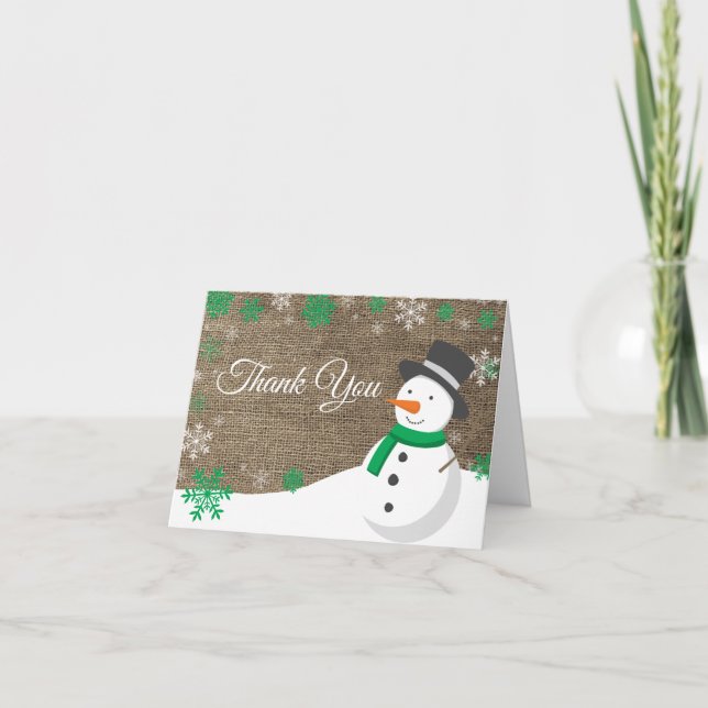 Winter Christmas Green Snowman Burlap Dankeskarte (Vorderseite)