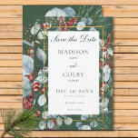 Winter Christmas Greenery Green Save the Date Card<br><div class="desc">Ankündigen Sie Ihre Winterhochzeit mit einer Touch von frostiger Eleganz. Unsere bezaubernde Save the Date-Karte bietet eine faszinierende Aquarellszene. Kiefernäste und duftende Eukalyptusbäume vermischen sich mit lebendigen Hüften in der rote Rose und tiefblauen Beeren, die alle inmitten üppiger grüner Vegetation eingebettet sind. Das Design hebt sich vor dem Hintergrund eines...</div>