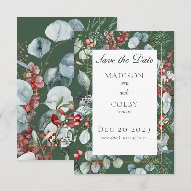Winter Christmas Greenery Green Save the Date Card (Vorne/Hinten)