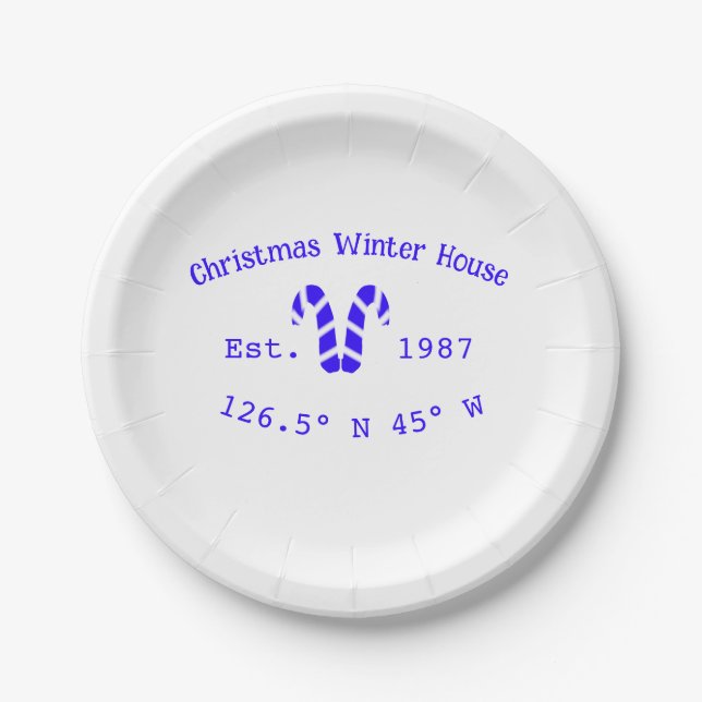 Winter Christmas house blue candy canes est. Year  Pappteller (Vorderseite)
