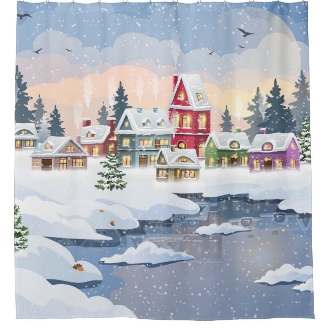 Winter Christmas landscape with snow-covered house Duschvorhang (Vorderseite)