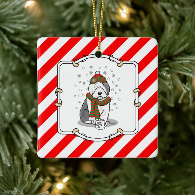 Winter Christmas Old English Sheepdog Grau 1 Niedl Keramikornament (Baum)