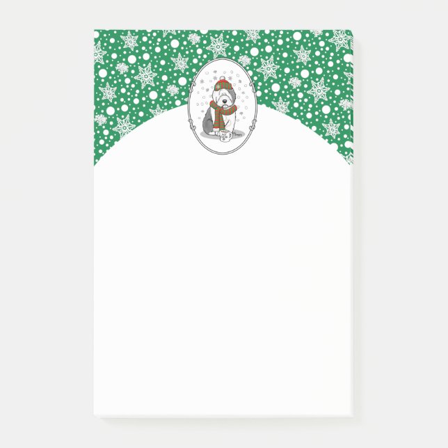 Winter Christmas Old English Sheepdog Grau 1 Niedl Post-it Klebezettel (Vorderseite)