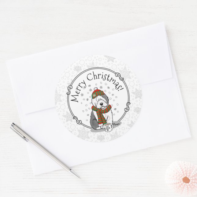 Winter Christmas Old English Sheepdog Grau 1 Niedl Runder Aufkleber (Umschlag)