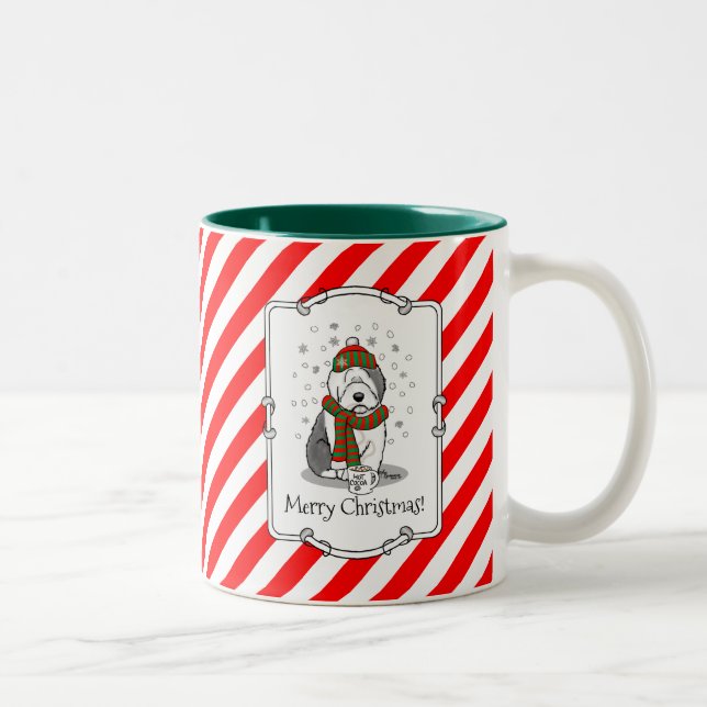 Winter Christmas Old English Sheepdog Grau 1 Niedl Zweifarbige Tasse (Rechts)
