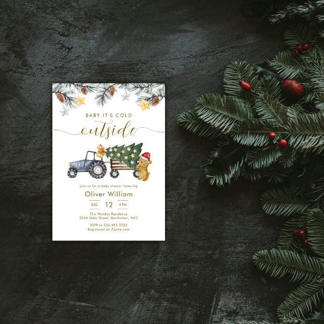 Winter Christmas Tree Tractor Bear Baby Shower Einladung (Winter Christmas Tree Tractor Bear Baby Shower Invitation)