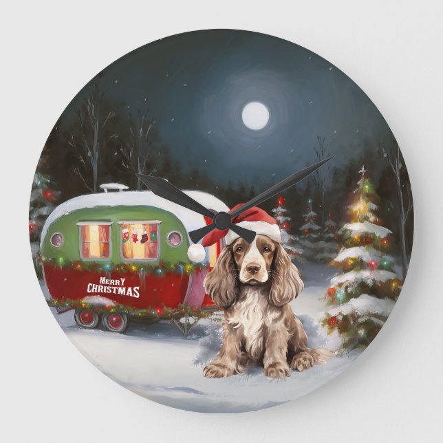 Winter Cocker Spanisch Caravan Weihnachtsabenteuer Große Wanduhr (Vorderseite)