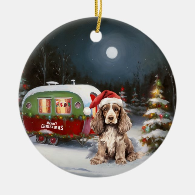 Winter Cocker Spanisch Caravan Weihnachtsabenteuer Keramik Ornament (Vorne)