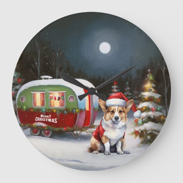 Winter Corgi Caravan Weihnachtsabenteuer Große Wanduhr (Vorderseite)