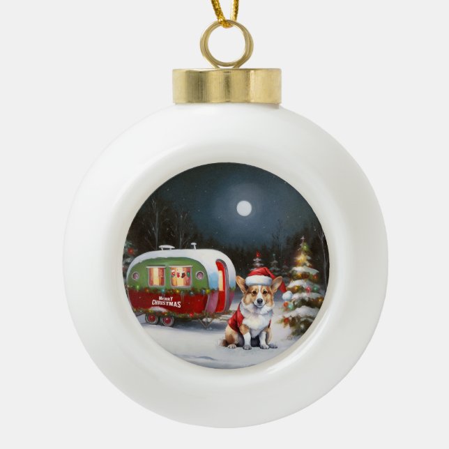 Winter Corgi Caravan Weihnachtsabenteuer Keramik Kugel-Ornament (Vorderseite)