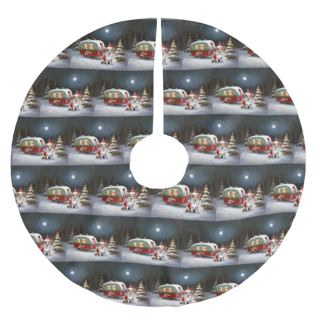 Winter Corgi Caravan Weihnachtsabenteuer Polyester Weihnachtsbaumdecke (Vorderseite)