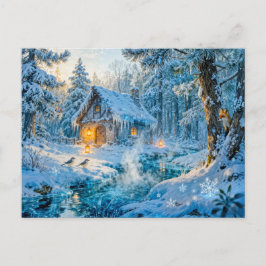 Winter Cottage by the Forest Stream Postkarte