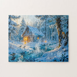 Winter Cottage by the Forest Stream Puzzle