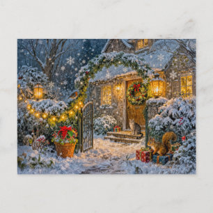 Winter Cottage mit Eichhörnchen, Katze und Rotkehl Postkarte