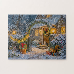 Winter Cottage mit Eichhörnchen, Katze und Rotkehl Puzzle