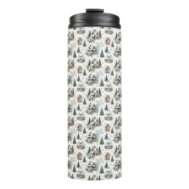 Winter Cottage Snowfall Pattern Thermosbecher (Vorderseite)