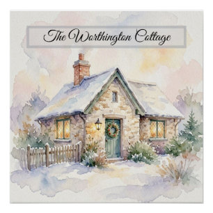 Winter Cottage-Wasserfarben-Weihnachtslandschaftsk Poster