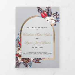 Winter Cotton Dusty Blue Red Berries Wedding Dreifach-gefaltete Programmkarte