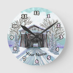 Winter Covered Bridge Clock Runde Wanduhr