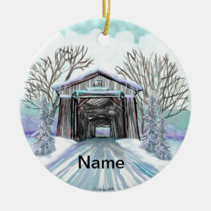 Winter Covered Bridge Keramik Ornament