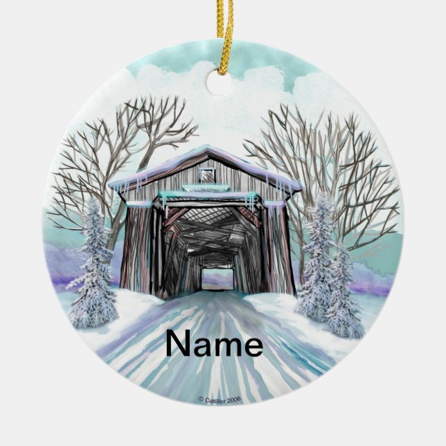 Winter Covered Bridge Keramik Ornament (Vorne)