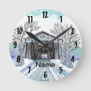 Winter Covered Bridge Runde Wanduhr