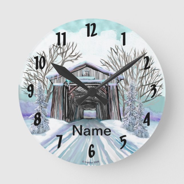 Winter Covered Bridge Runde Wanduhr (Vorderseite)