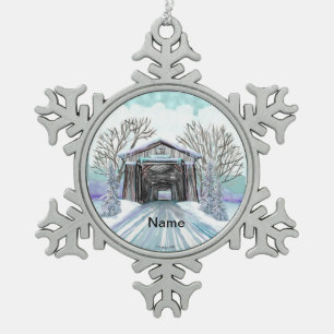Winter Covered Bridge Schneeflocken Zinn-Ornament