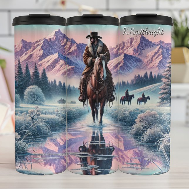 Winter-Cowboy-Pferd-Berg-Reflexion Thermosbecher (Von Creator hochgeladen)