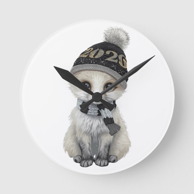 Winter Cutie 2026 Wall Clock – Cute Winter Animal  Runde Wanduhr (Vorderseite)
