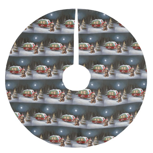 Winter Dackel Caravan Weihnachtsabenteuer Polyester Weihnachtsbaumdecke (Vorderseite)