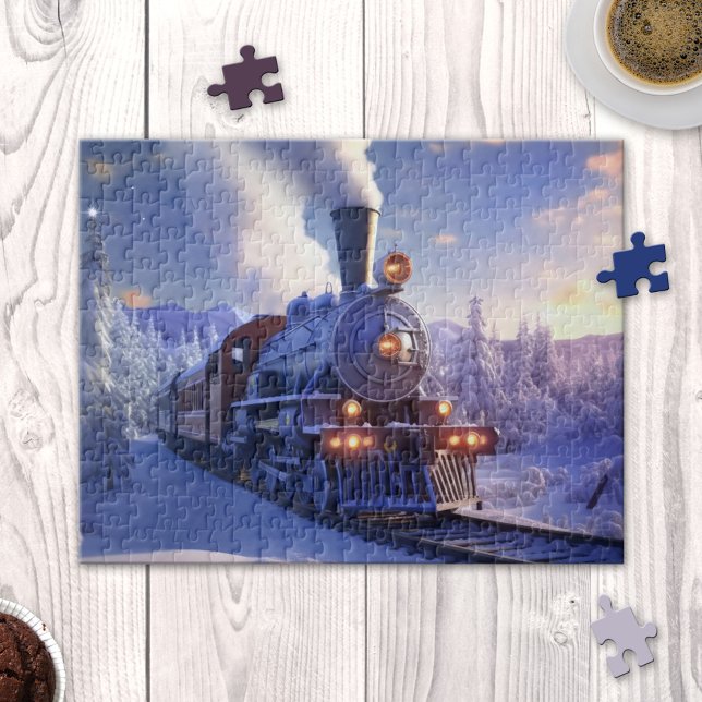 Winter Dampfzug Lokomotive Weihnachtspuzzle Puzzle (Puzzle featuring a steam train locomotive in a snow covered winter landscape at sunset)
