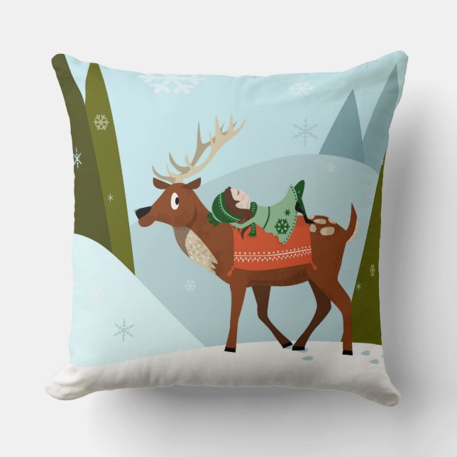 Winter deer and elf in snow Christmas tale fun art Kissen (Vorderseite)