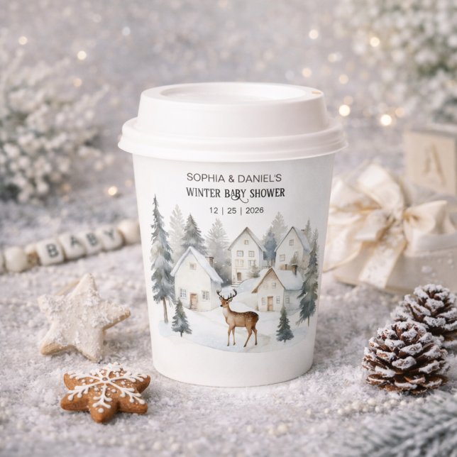 Winter Deer in Village Watercolor Baby Shower Pappbecher (Winter Deer in Village Watercolor Baby Shower Paper Cups)