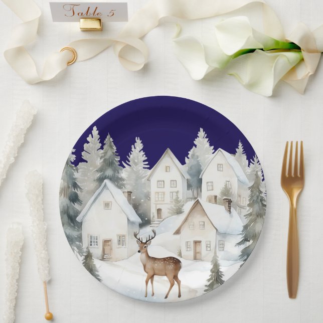Winter Deer in Village Watercolor Baby Shower Pappteller (Hochzeit)