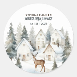 Winter Deer in Village Watercolor Baby Shower Runder Aufkleber
