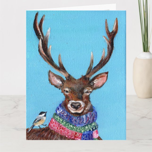 Winter Deer mit Chickadee Karte (Vorderseite)
