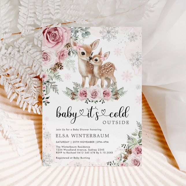Winter Deer Pink Silver Floral Girl Babydusche Einladung (Von Creator hochgeladen)