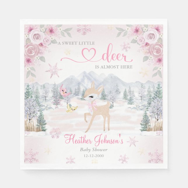 Winter Deer Pink Snowflake Babydusche Serviette (Vorderseite)
