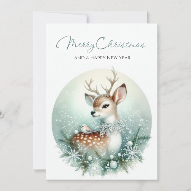 Winter Deer & Snowflake-Halsband Feiertagskarte (Vorderseite)